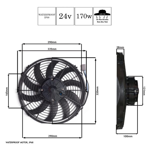 Axiel Fan, 12-inç, 170w, 24v, Emici, STR114