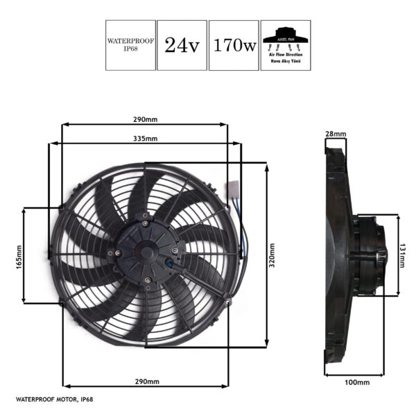 Axiel Fan, 12-inç, 170w, 24v, Üfleyici, STR116