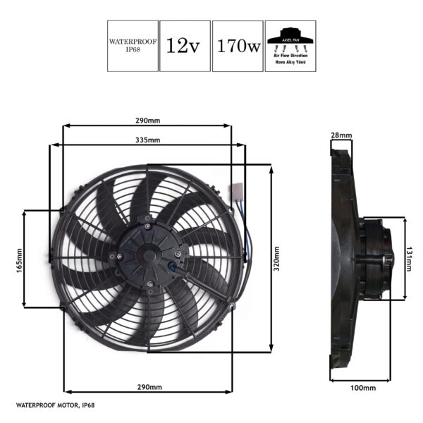 Axiel Fan, 12-inç, 170w, 12v, Üfleyici, STR115