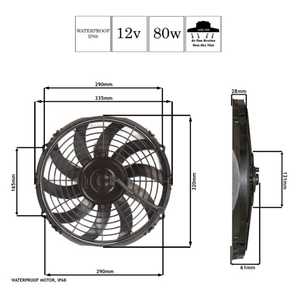 Axiel Fan, 12-inç, 80w, 12v, Üfleyici, STR155